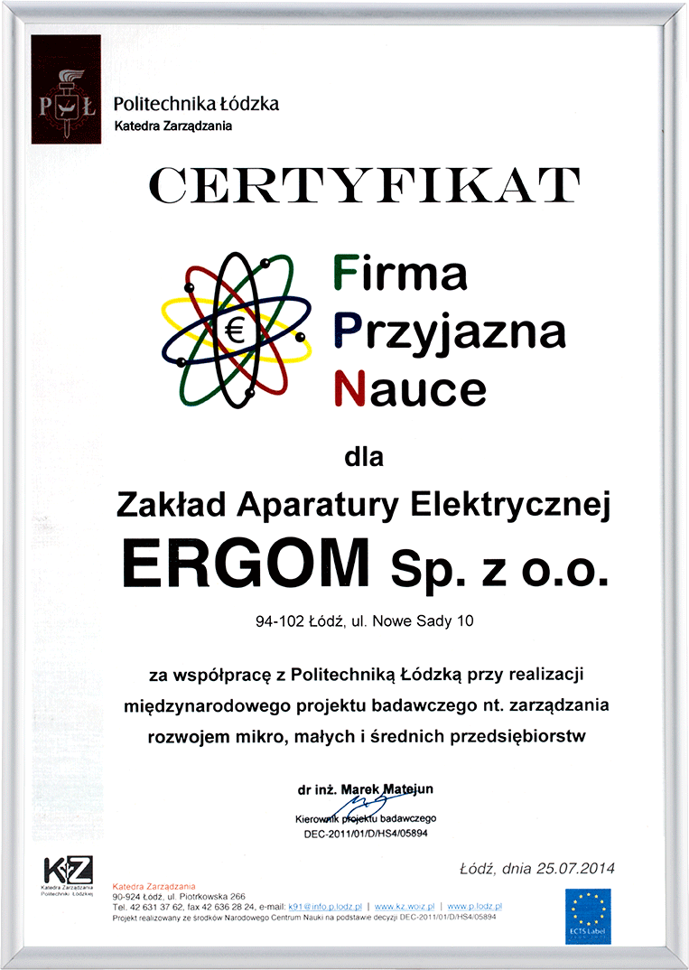 Certyfikat Firma Przyjazna Nauce 2014
