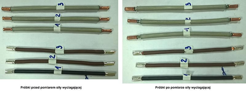 . Próbki z końcówkami przed i po pomiarze siły wyciągającej