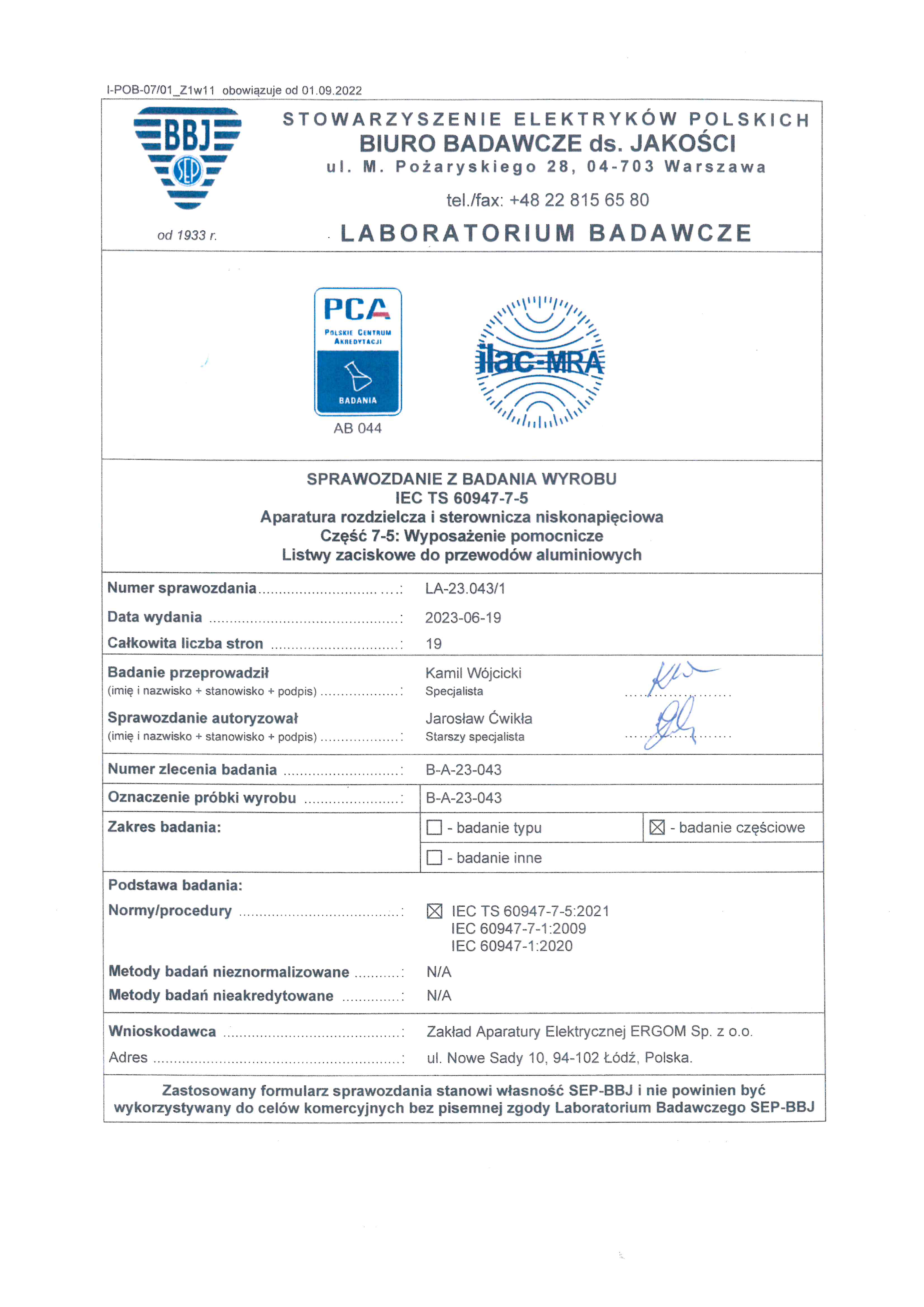 Produkt Ergom z standardem IEC TS 60947-7-5:2021