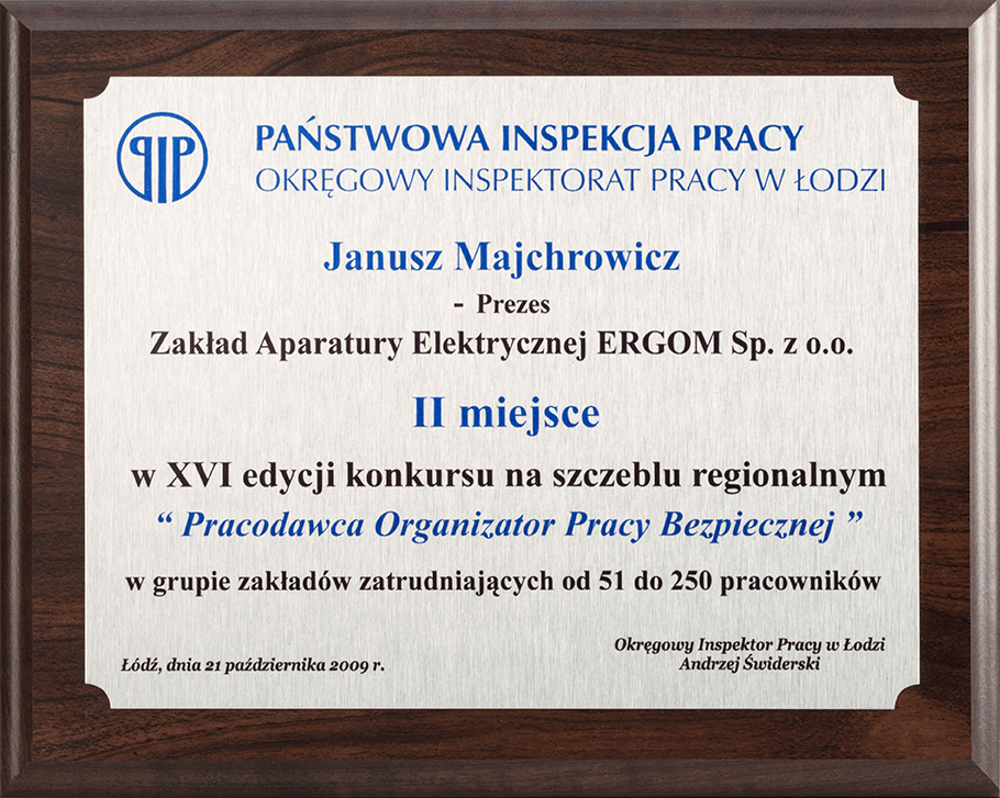 II miejsce w XVI edycji konkursu na szczeblu regionalnym " Pracodawca Organizator Pracy Bezpiecznej"