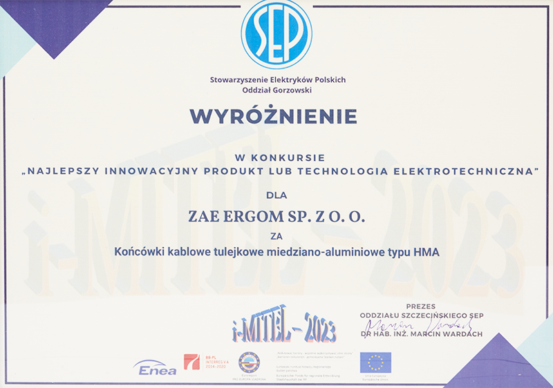 Wyroznienie w konkursie "Nailepszy innowacyjny produkt lub technologia elektrotechniczna"