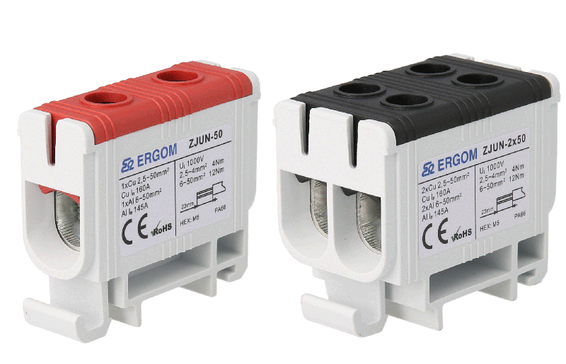 ZJUN-50 and ZJUN-2x50 connectors, available in red and black.