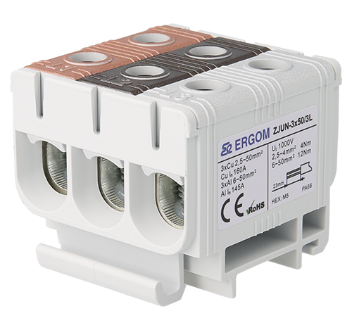 ZJUN-3x50/3L connector, featuring three separate current circuits color-coded according to the PN-HD 308 S2 standard